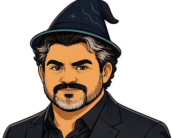 Caricature portrait of a trader wearing a wizard hat